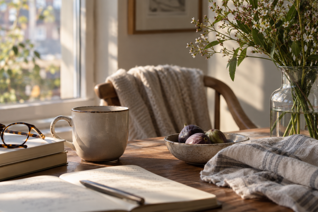 Tazza, quaderno aperto e fiori su un tavolo illuminato dalla luce naturale in un ambiente domestico.