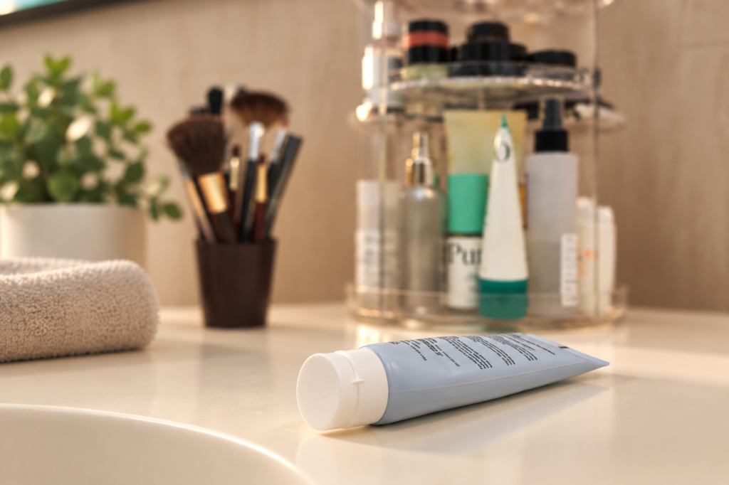 Tubo di crema su un piano da bagno, con prodotti della routine skincare sfocati sullo sfondo.